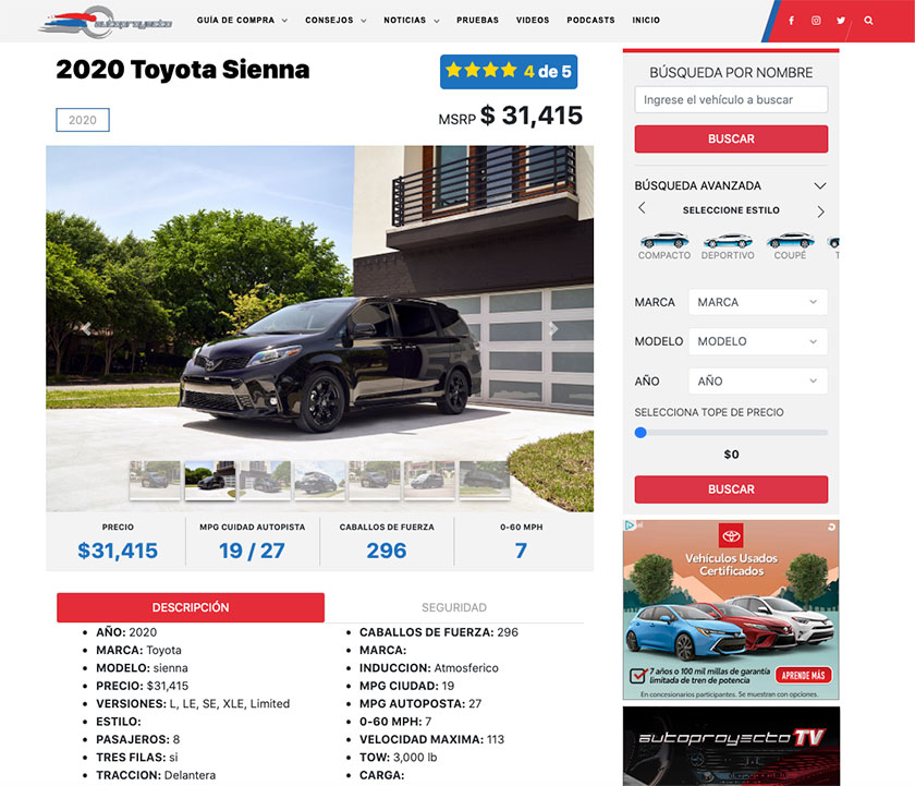 Autoproyecto Vehicle Description Page