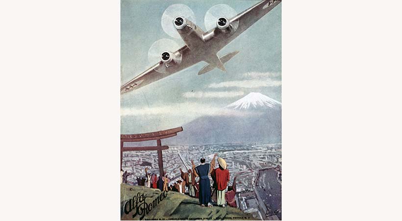 Publicidad de Alfa Romeo tras la II Guerra Mundial con el Monte Fuji en el fondo. Foto: Alfa Romeo.