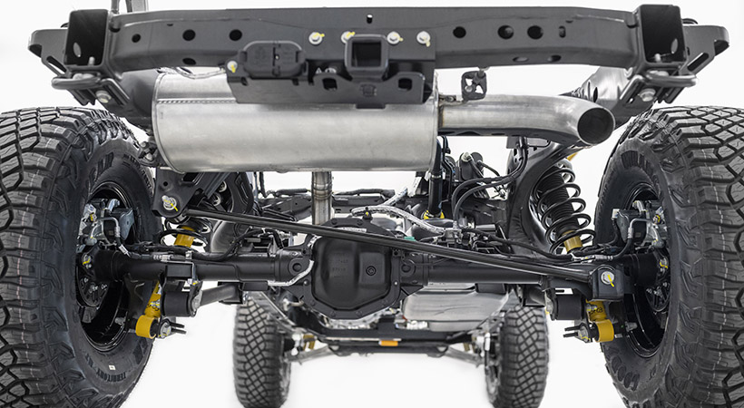 El chasis de la Ford Bronco 2021 es tiene 5 puntos de apoyo en el eje trasero y se puede equipar con amortiguadores Bilstein opcionales.Ford Bronco 2021. Foto: Ford.