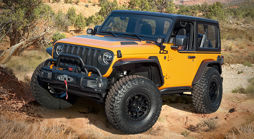 Basado en el Wrangler de dos puertas, el Jeep Orange Peelz concept rinde tributo a uno de los modelos más famosos de la marca. Foto: Jeep 