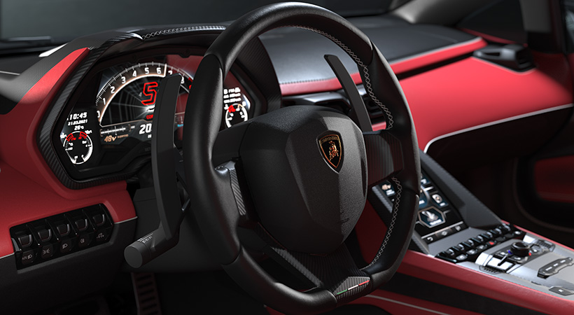 El interior cuenta con colores negro y rojo. Foto: Lamborghini