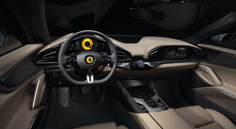En el interior resalta la pantalla del pasajero con sistema de infotenimiento. Foto: Ferrari