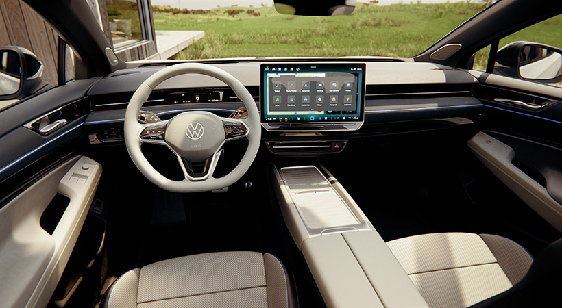 El interior del Volkswagen ID.7 viene de serie con un sistema de visualización frontal de realidad aumentada (HUD). Foto: Volkswagen