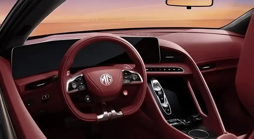 El habitáculo del MG Cyberster Red Top nos revela un entorno dominado por tonalidades de rojo. Foto: MG