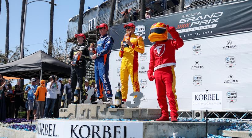 El podio del Gran Premio de Long Beach 2024. Foto: IndyCar/Travis Hinkle