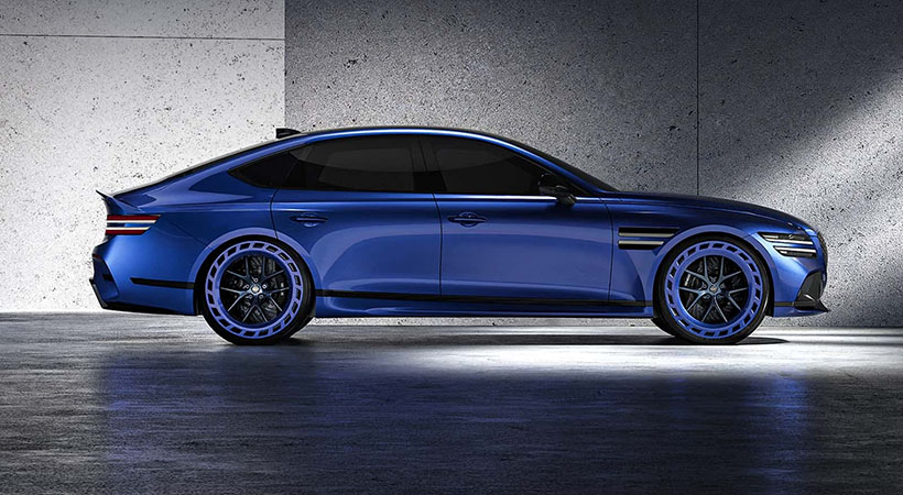 Genesis G80 EV Magma Concept, ataviado en un atractivo color azul Acme Blue. Foto: Genesis