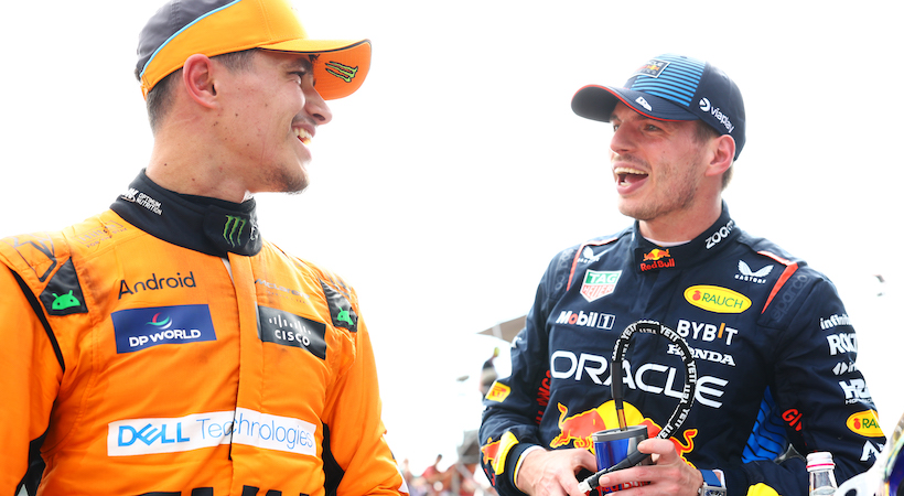 Max Verstappen y Lando Norris durante el Gran Premio de Emilia-Romaña 2024. Foto: Mark Thompson/Red Bull