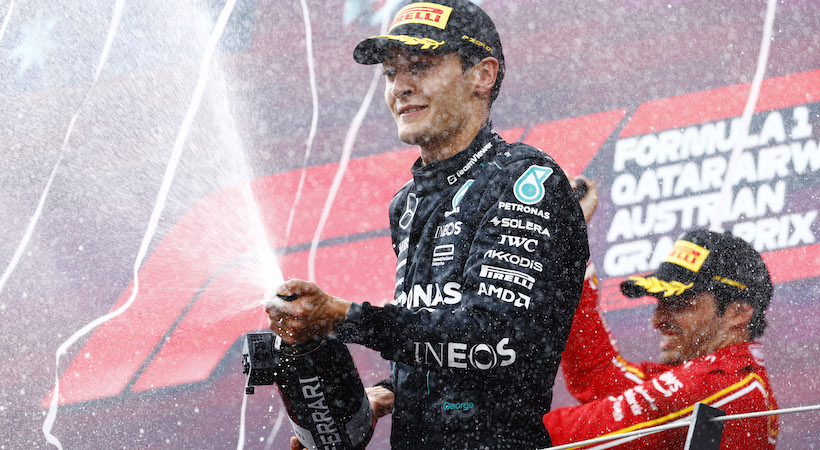 George Russell celebrando su victoria en el Gran Premio de Austria 2024. Foto: Mercedes