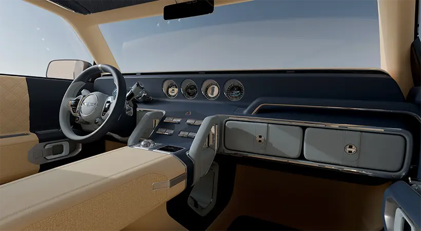 El habitáculo presume un tablero con una agrupación central de cuatro pantallas circulares inspiradas en cámaras retro. Foto: Genesis
