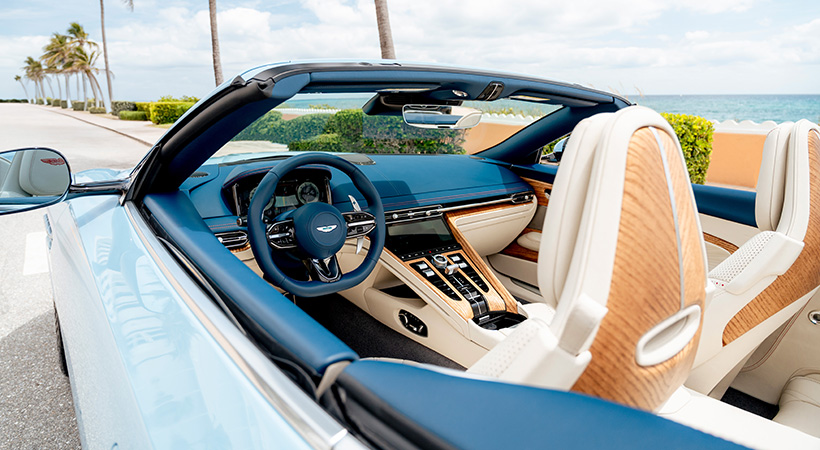 La madera porosa Linear Light Olive Ash añade un toque muy elegante en puertas, tablero y asientos. Foto: Aston Martin